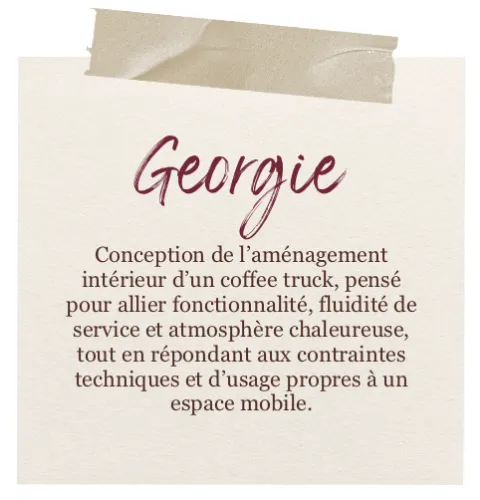 Georgie : aménagement intérieur d’un coffee truck, entre fonctionnalité, fluidité de service et atmosphère chaleureuse.