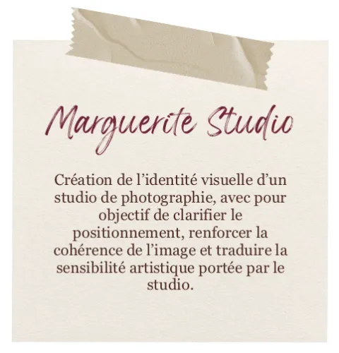 Marguerite Studio : identité visuelle d’un studio de photographie, pour clarifier son positionnement.