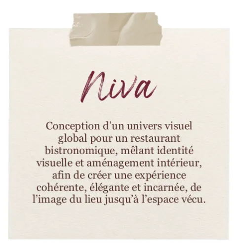 Niva : univers visuel global d’un restaurant bistronomique, de l’identité visuelle à l’aménagement intérieur.